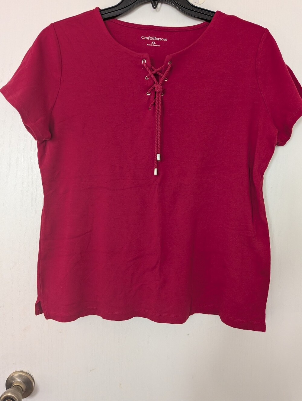 Croft & Barrow Tie Neck Top Size XL Red Solid Short Sleeve Top Womens